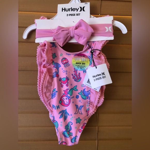 HURLEY BABY GIRL 2 PIECE SET PINK MERMAID 12 MONTHS/HEAD BAND NWT💖 - Picture 5 of 6